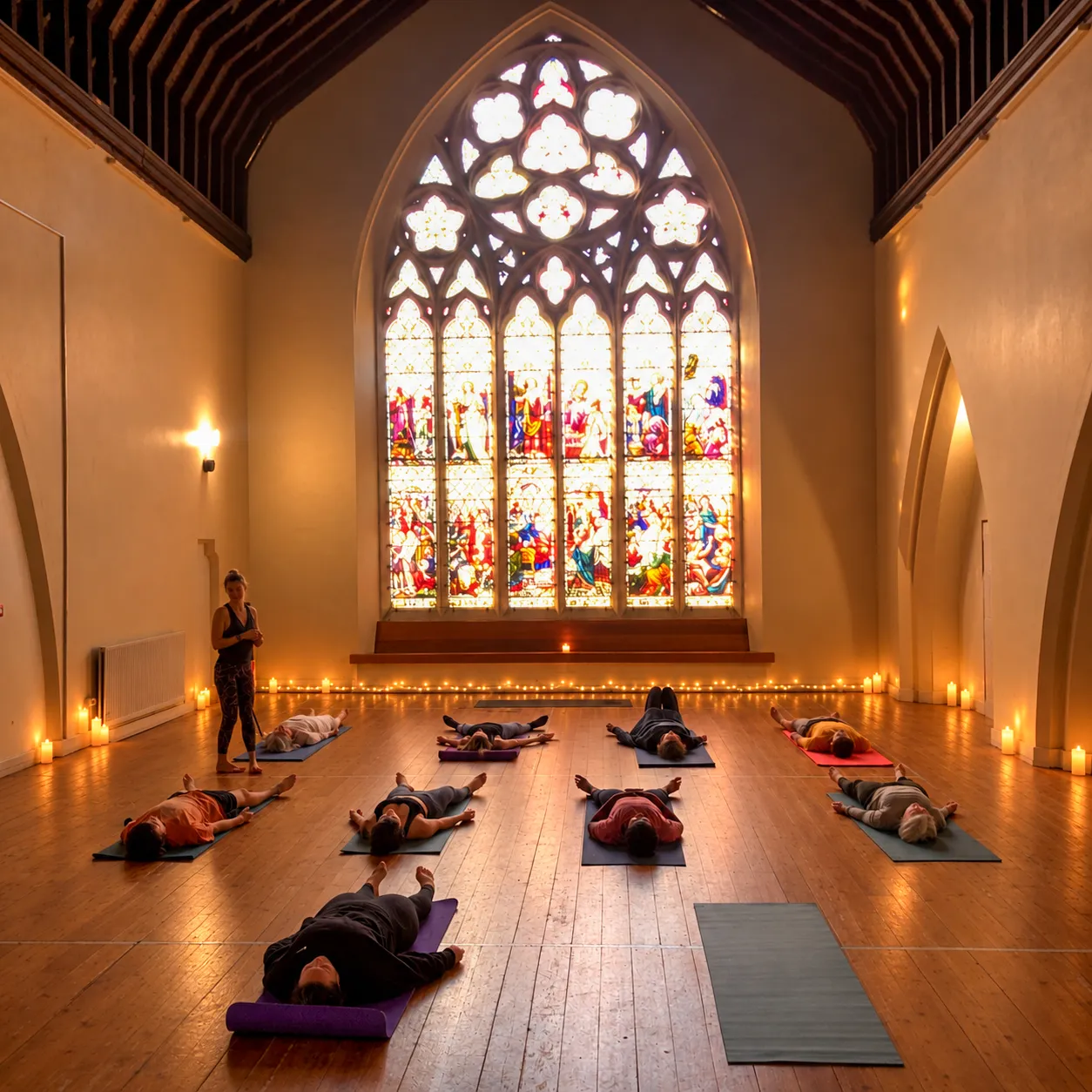 Candlelit yoga class resting in savasana beneath the stained glass window at Howell Hall